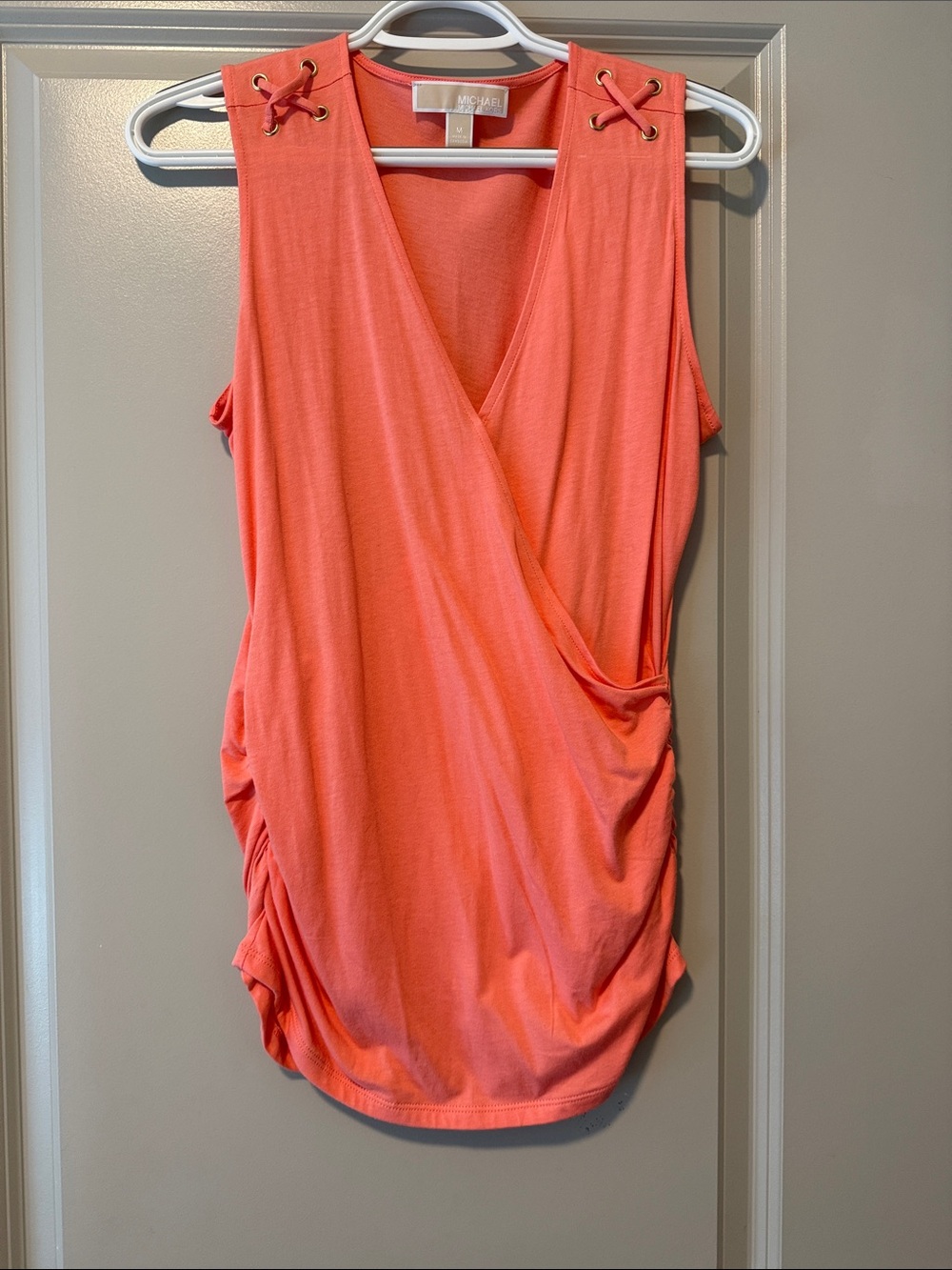 MICHAEL Michael Kors Coral-Orange Surplice Tank with Gold Eyelet Detail
